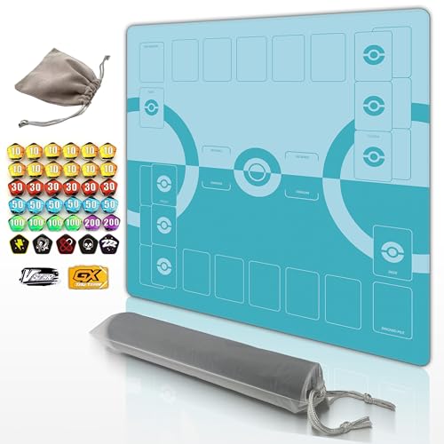 Trading Card Game Playmat – 2-Player Trainer Mat with 37 Damage Counters and Professional Storage Bag (Blue) - color: Blue