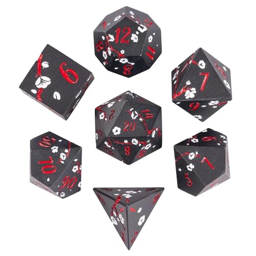 UDIXI Metal Dice Set D&D, 7PCS Flower Metal DND Dice Set Black for RPG | White Flower, Metal Case Packaging, Heavy Metal Dice, D&D Gift, for Dungeons and Dragons Role Playing Games Tabletop Games - color: Black-red