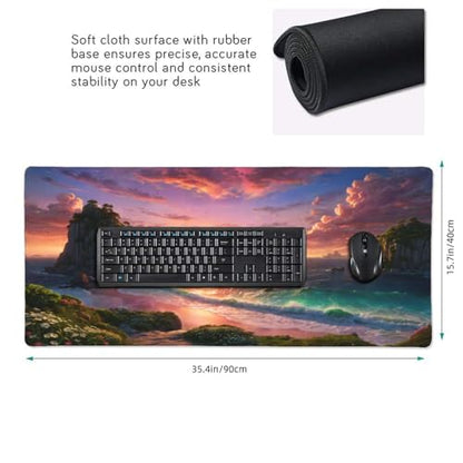 XXL Gaming Mouse Pad 35.4x15.7 inch,Quiet Ocean Sea Landscape Theme Desk Mat,Large Rock Wave Sunset Scene Mousepad (Quiet sea) - color: Quiet sea