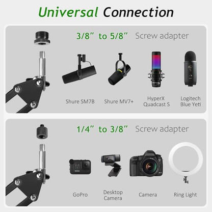 Mic Boom Arm, Adjustable Height Overhead Microphone Stand with Heightened Extension Riser for Shure SM7B Blue Yeti HyperX QuadCast S and other Mic