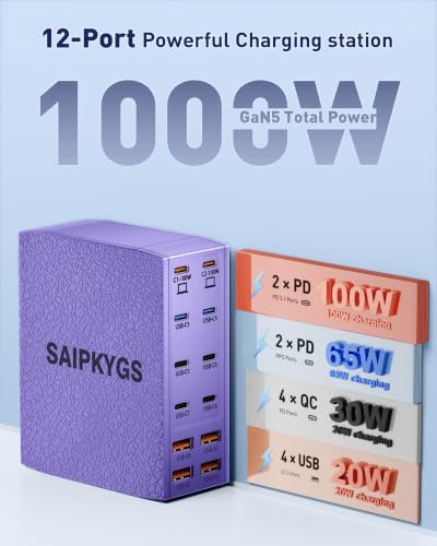 USB Charging Station (1000W),12-Port USB C Charger Block with Dual 100W PD USB-C Fast Charging Station Hub for MacBook Pro/Air/All iPad Phone 17/16 15/14/13/Pro Max/Samsung Galaxy Note(Purple) - color: Purple