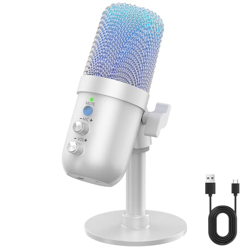 USB Microphone, Computer Condenser Mic with Noise Cancellation, Echo Mode, RGB Lighting, Mute Button, Plug & Play Gaming Mic for PC, Mac, PS5, Streaming, Recording, Podcasting & Online Meetings White - color: White