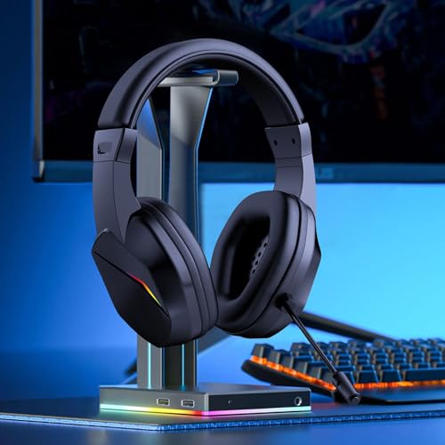 PUSOKEI Wireless Gaming Headset with Noise Canceling Microphone, 2.4G and Bluetooth 5.4 Headphones RGB Lighting for PC Laptop, 40mm Drivers 7.1 Surround Sound Memory Foam Earmuffs (Black)