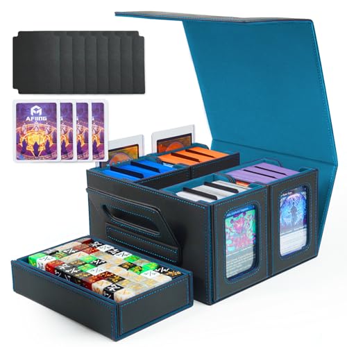 AFIING Commander Deck Box for MTG, Holds 400+ Double-Sleeved Cards, 4 Removable Deck Cases with Display Window, Dice Tray/Handle,Trading Card Storage Organizer/Dividers for TCG (Black Cyan) - color: Black Cyan