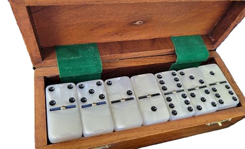 Marion Domino Double Six White Marbleized Jumbo Tournament Professional Size with Spinners in Dovetail Sheesham Wood Box. - color: White Marbleized