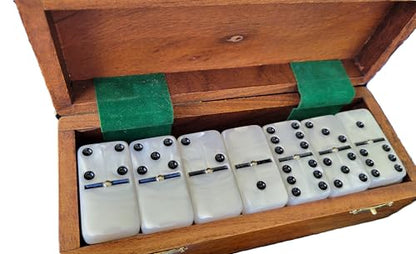 Marion Domino Double Six White Marbleized Jumbo Tournament Professional Size with Spinners in Dovetail Sheesham Wood Box. - color: White Marbleized