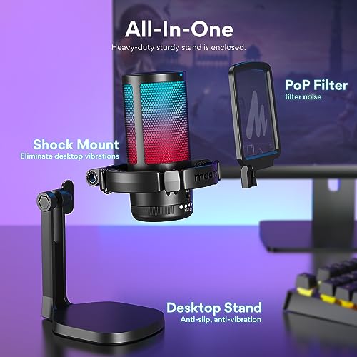 MAONO USB Gaming Microphone with Boom Arm Microphone Stand: Noise Cancellation Condenser Mic Kit with RGB Lights,for Streaming Recording Podcast Chat Twitch YouTube Discord DGM20+BA20 Black