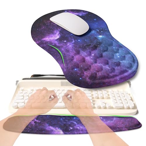 2-in-1 Ergonomic Set, Wave Rise Keyboard Wrist Rest and Massage Bulge Slope Mouse Pad Wrist Support, Cushion Memory Foam Integrated to Relieve Wrist Pain, Galaxy - color: Galaxy