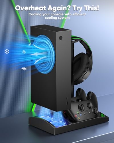 Charger Stand with Cooling Fan for Xbox Series S Console and Controller,Vertical Dual Charging Dock Accessories with 2 x 1400mAh Rechargeable Battery and Cover, Earphone Bracket for XSS(Black) - color: Black