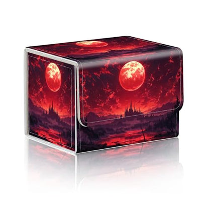 Trading Card Storage Box, Holds 100+ for MTG Cards, PU Leather with Magnetic Closure, Red Blood Moon Castle Fantasy Durable Deck Box for Magic the Gathering, Trading Card Games - color: Red Blood Moon Castle Fantasy