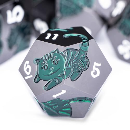 Metal DND Cat Dice 7PCS Polyhedral RPG Dice Set with Gift Case for Dungeons Dragons Role Playing Game, D and D Dice D6 D8 D10 D12 D20 D% (Green Black) - color: Cat-black Green