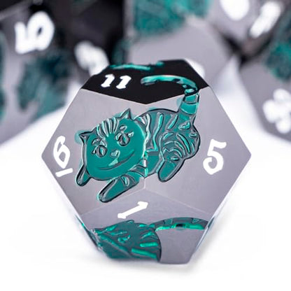 Metal DND Cat Dice 7PCS Polyhedral RPG Dice Set with Gift Case for Dungeons Dragons Role Playing Game, D and D Dice D6 D8 D10 D12 D20 D% (Green Black) - color: Cat-black Green