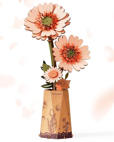 3D Flower Wooden Puzzles for Adults-Gerbera Daisy, DIY Wooden Flowers Model Kit Building Set Crafts for Adults to Build, Botanical Collection/Ideal Creative Gift Ideas/Housewarming (105PCS) - style: TW - Light Orange Daisy