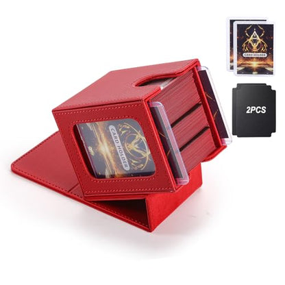MTG Deck Box, Double Display Window MTG, Commander Deck Box Fits 120+ Single Sleeved Cards, PU Leather Magnetic Closure Card Box with 2 Dividers&2 Toploaders for TCG, CCG, Red - color: Red, size: 1 pack