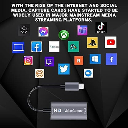 4K HDMI Capture Card, Cam Link Video Capture Card HDMI to 1080P Type-C for Windows Mac OS System for Streaming Gaming Meeting with USB C Adapter to Adjust PS3 4, Switch, Xbox