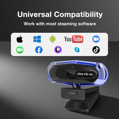 4K Webcam for PC, 4K Webcam with Remote Control and RGB Light, Autofocus Streaming Camera for PC/Mac, Plug and Play Computer Camera for Zoom/Skype/YouTube/Meeting - style: 4k+remote+tripod