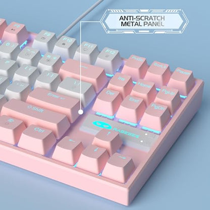 MageGee 75% Mechanical Gaming Keyboard, Red Switch, LED Blue Backlit, 87 Keys Compact TKL Wired Computer Keyboards for Windows Laptop PC Gamer - White/Pink - color: White Pink/Red Switch