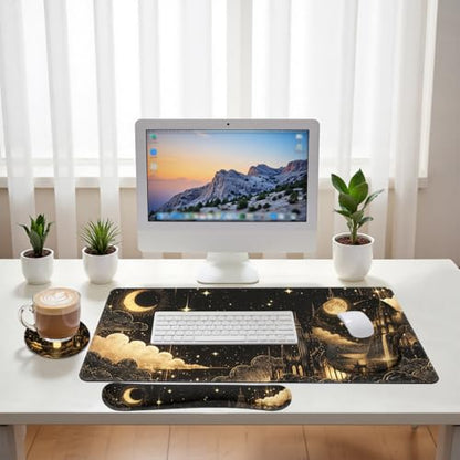 Fantasy Castle Desk Mat Set Celestial Gothic Night Large Mouse Pad with Wrist Rest 4-in-1 Desk Mat for Desktop Ergonomic Computer Desk Arm Wrist Anti-Slip Computer Ergonomic Mouse Pad Office Gaming - color: Fantasy Castle, size: 34.5" x 15.7"