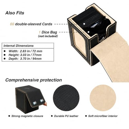 MTG Deck Box with Commander Display (Black&Pale Gold, 1 window) | Holds 120 Single/100 Double-Sleeved Cards, Fit MTG/PTCG/OPTCG Cards, Strong Magnet, PU Leather, With 2 Dividers & 1 Toploader - color: Black and Pale Gold