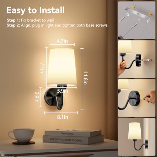 Battery Operated Wall Sconces Set of 2 Wireless Rechargeable Dimmable Wall Light with RGB Bulb and Remote for Bedroom, Living Room, Hallway (Black) - color: Black