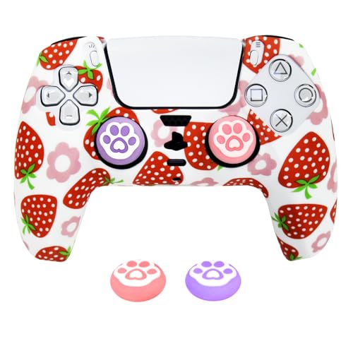 Strawberry Silicone Cover for PS5 Controller - Anti-Slip Protective Skin Grip with 2 Thumb Caps | Cute Pink Kawaii Gaming Accessory (Soft Touch, Washable) - color: Pink Strawberry