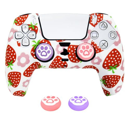 Strawberry Silicone Cover for PS5 Controller - Anti-Slip Protective Skin Grip with 2 Thumb Caps | Cute Pink Kawaii Gaming Accessory (Soft Touch, Washable) - color: Pink Strawberry