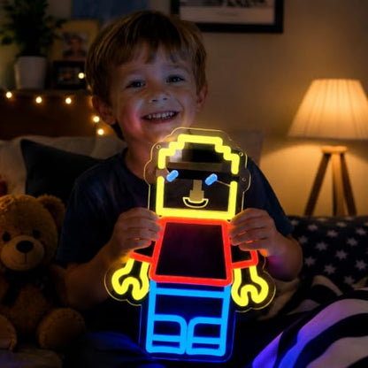 Building Blocks Man Neon Signs for Wall Decor - Block Figure LED Signs with Dimmer Switch, 8.7"x11.8", UV Printed, 5V Power Neon Lights for Boys Roo