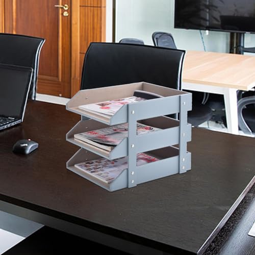 Leather Desk Organize Holder,3-Layer Stackable Letter Tray,Used to Store documents,Folders,Stationery,Magazines,Paper,and Other Home Office Supplies,Desk File Rack (Grey) - color: Gray
