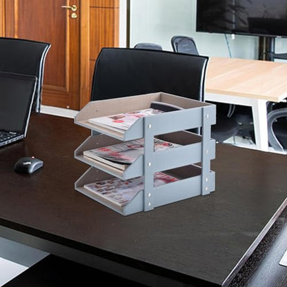Leather Desk Organize Holder,3-Layer Stackable Letter Tray,Used to Store documents,Folders,Stationery,Magazines,Paper,and Other Home Office Supplies,Desk File Rack (Grey) - color: Gray
