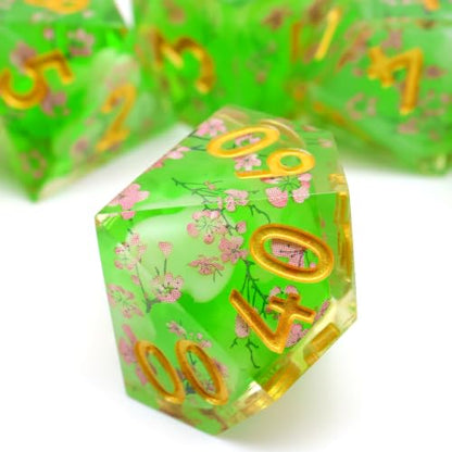 XENOLUX Polyhedral Resin Dice Set for DND, Spring Sakura Blossom Botanical RPG Dice for Dungeons and Dragons, Handcrafted Translucent Tabletop Board Games Accessories with Tin Box (L12) - color: L12