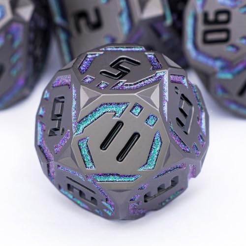 Metal DND Sci-fi Dice Set 7PCS Stripe Polyhedral Dice for Dungeons Dragons RPG Role Playing Game, Glitter D and D Dice with Gift Box D6 D8 D10 D12 D20 (Black&Green Purple) - color: Black - Green Purple