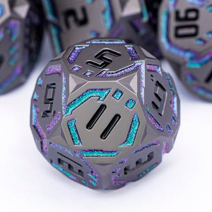 Metal DND Sci-fi Dice Set 7PCS Stripe Polyhedral Dice for Dungeons Dragons RPG Role Playing Game, Glitter D and D Dice with Gift Box D6 D8 D10 D12 D20 (Black&Green Purple) - color: Black - Green Purple