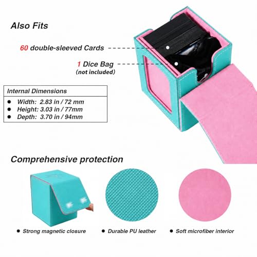 MTG Deck Box with Commander Display Window(Turquoise&Pink, 1 window) | Holds 120 Single/100 Double-Sleeved Cards, Fit MTG/PTCG/OPTCG Cards, Strong Magnet, PU Leather, With 2 Dividers & 1 Toploader - color: Turquoise and Pink