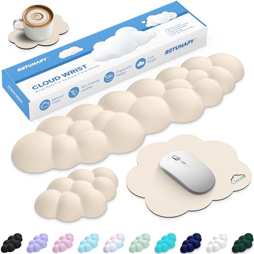Cloud Wrist Rest Keyboard Cushion and Cloud Mouse Pad, Beige | 4-in-1 Ergonomic Cloud Keyboard Wrist Rest Set, Memory Foam, Arm Support for Palm, Cute Desk Accessory for PC Gaming Setup - color: 09 Beige, size: Tenkeyless