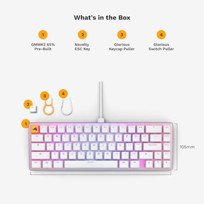 GLORIOUS Gaming GMMK 2-65 Percent Keyboard - White Custom Layout - Compact Low-Profile - Hotswap w/Cherry Mx Style Switches - Incl. Double Shot Keycaps & Linear Switches - color: White, size: Prebuilt Compact (65%)