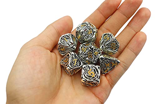 Metal DND Dice Set Skull Dungeons and Dragon Dice Set Hollow Polyhedral Magic 7 PCS Dice Set with Gift Metal Box for Dungeons and Dragons Table Games Play Cards MTG(Skull_Ancient Silver and Gold) - color: Skull_ancient Silver Plus Gold