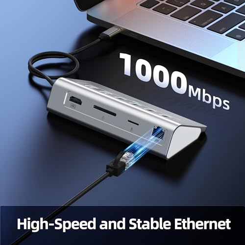 intpw 10-in-1 USB C Hub, P9R Powered USB Hub with 4K HDMI, 3 USB 3.0 5Gbps, PD 100W, 1Gbps Ethernet, SD/TF, Aluminum USB Hub for Laptop, MacBook Pro/Air, iPad Pro, iPhone 17, Dell, HP - color: Silver White, size: 1.64ft