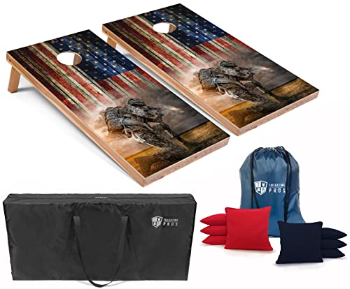 Tailgating Pros American Themed Lightweight Corn Hole Board Set w/Multicolored Built-in LED Lights, Bean Bags and Carrying Case - 4'x2' Cornhole Toss - color: Soldier Kneeling