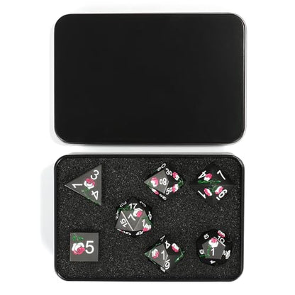 Rose Engraved Metal Dice Set 7PCS for DND RPG Tabletop Gaming | Solid zinc alloy build with 150g weight for balanced rolls(Dark Grey with Iridescent Rose) - color: Dark Grey With Iridescent Rose