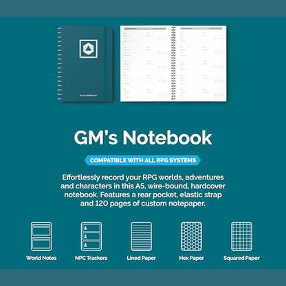 Roll & Play Press Game Master's Quest Notebook: 120 page, A5 hardback world-building journal for character, setting and plot notes, with lined, gridded and hex paper