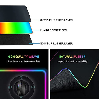 RGB Gaming Mouse Mat Pad - Large Extended Led Mousepad with 14 Lighting Modes 2 Brightness,Big Gaming pad Extra Long Computer Keyboard Mat Anti-Slip Waterproof - 31.5 x 11.8 Inch-Black