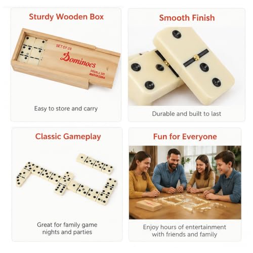 Dominos Set for Adults Double 6 Standard Dominoes Set Domino Game with Wooden Box 28 Tiles Classic Board Games