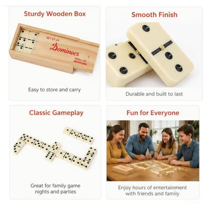 Dominos Set for Adults Double 6 Standard Dominoes Set Domino Game with Wooden Box 28 Tiles Classic Board Games