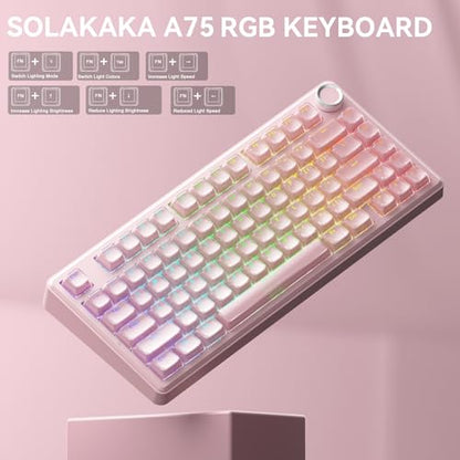 SOLAKAKA A75 Wireless Gaming Keyboard with Multifunction Knob, BT5.0/2.4GHz/USB-C, 75% Mechanical Keyboard, Hot-Swappable, Gasket Creamy Keyboard with RGB Backlit, Crystal Keycaps, for PC/Mac/PC - color: Crystal-Pink