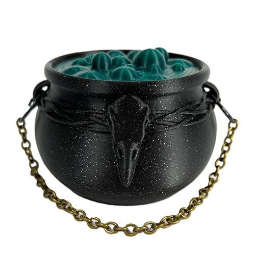 Witch's Cauldron Bowl with Bubbling Potion Lid and Chain - Spooky Halloween Goth Decor - RPG Dice Holder Stash Storage (3in Raven Skull) - size: 3in Raven Skull