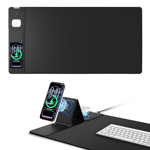 Mouse Pad with Magnetic Wireless Charging & Adjustable Phone Stand, 31.5"x15.8" Extended Desk Mat, Waterproof Ultra-Smooth Keyboard Pad, Non-Slip Base, Black - color: Black-magnetic Stand-31.5"x15.8"-left