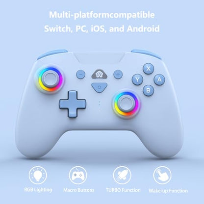 PeriphX Wireless Switch Controllers for Nintendo Switch,6-Axis Gyro,Turbo Function,7-Color RGB Lights,Compatible with Switch1/Switch2/PC (Wired)/iOS, All Functions Included with a Stylish Design and Cute Color - color: Blue