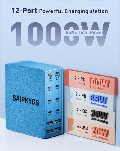 USB Charging Station (1000W),12-Port USB C Charger Block with Dual 100W PD USB-C Fast Charging Station Hub for MacBook Pro/Air/All iPad Phone 17/16 15/14/13/Pro Max/Samsung Galaxy Note(Blue) - color: Blue