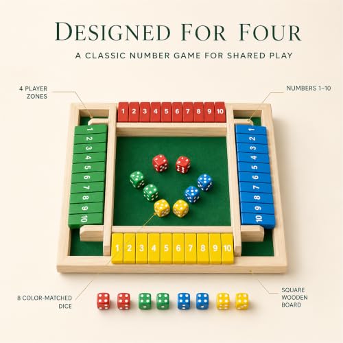 Shut The Box Game, 4 Player Wooden Square Board with 8 Dice Set | 4-player Shut The Box wooden square math board with 8 dice for adults,family nights, parties and pub tabletop strategy play. - color: 1-4 Players