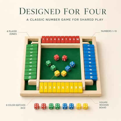 Shut The Box Game, 4 Player Wooden Square Board with 8 Dice Set | 4-player Shut The Box wooden square math board with 8 dice for adults,family nights, parties and pub tabletop strategy play. - color: 1-4 Players